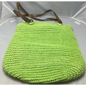 Lime Green Woven Beach Bag Purse Tote Brown Faux Leather Straps Pool